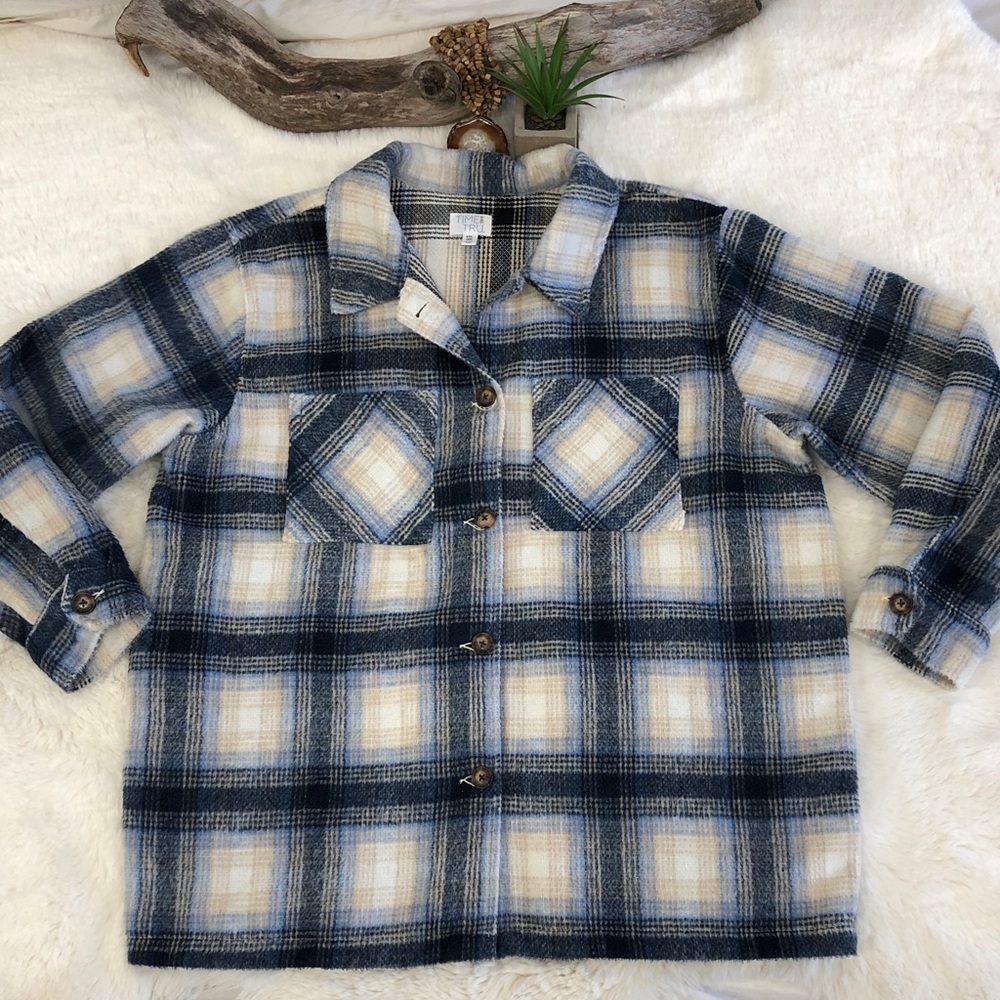 Time and Tru Blue Plaid Fuzzy Flannel Shacket Barn Jacket Size XXL